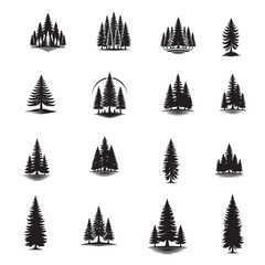 black and white silhouette pine trees vector logo with white background
