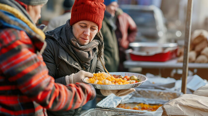 Volunteers serving food to the homeless, warm and compassionate interactions, right third copy space