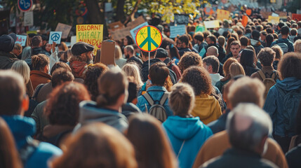 Crowd gathered to protest against war, passionate faces and peace signs, right third copy space