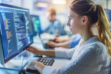 A woman sits in front of a computer monitor, focused on her work, Collaborative team working on a software project