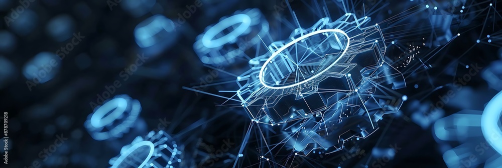 Poster digital futuristic gears rotation wireframe technology, generative ai