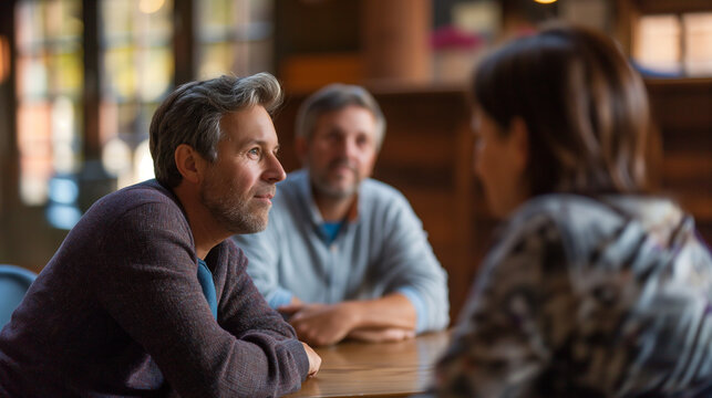 Mediator facilitating a conflict resolution session, focused expressions and calm atmosphere, left third copy space
