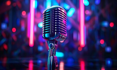 Microphone with illuminated neon lights on a dark background, Generative AI