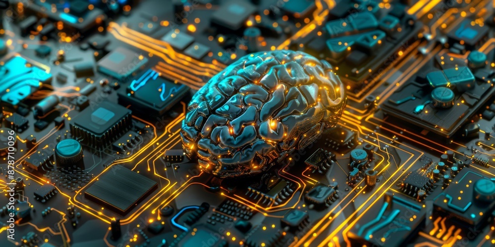 Poster a brain model symbolizes ai technology on a circuit board, blending digital innovation and cuttinged