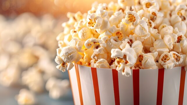 A freshly filled popcorn bucket overflowing with buttery popcorn (close up, carnival theme, vibrant, double exposure, amusement park backdrop), focus cover all object