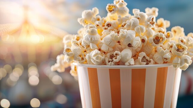 A freshly filled popcorn bucket overflowing with buttery popcorn (close up, carnival theme, vibrant, double exposure, amusement park backdrop), focus cover all object