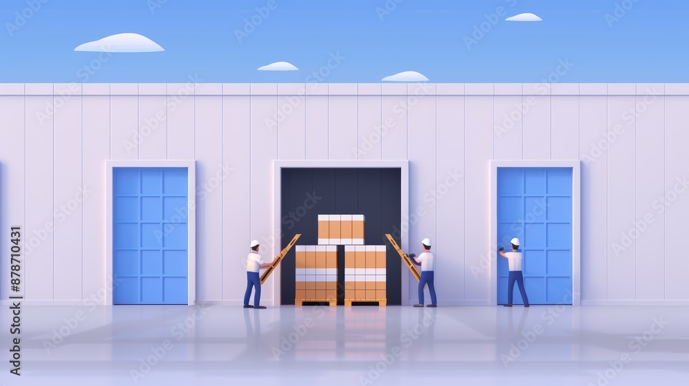 Poster a team loading commodities into a storage unit for delivery and transportation in an industrial sett