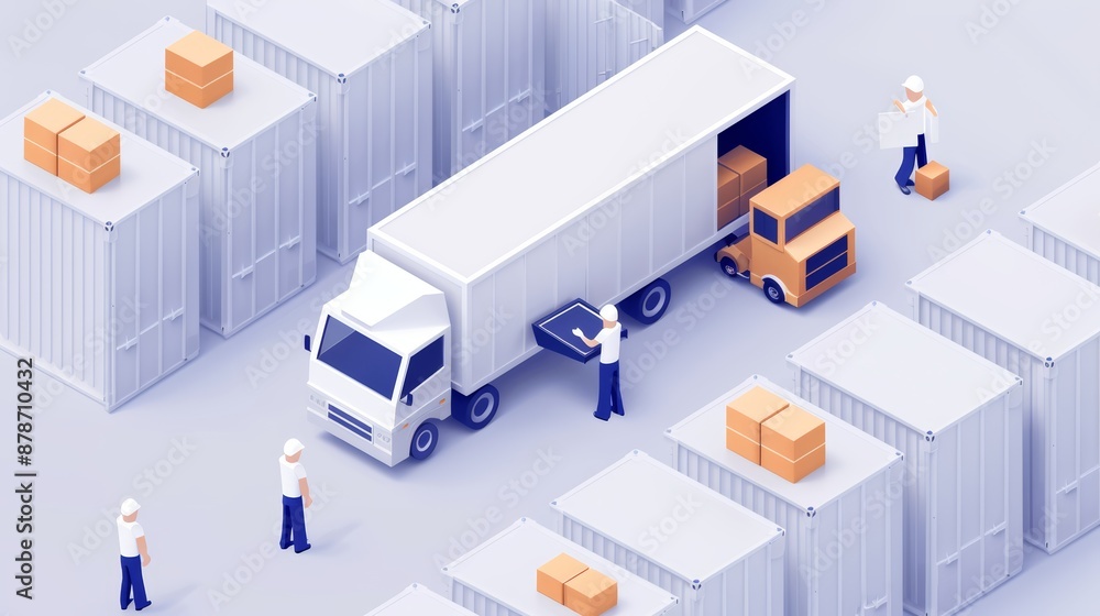 Poster a team loading commodities into a storage unit for delivery and transportation in an industrial sett