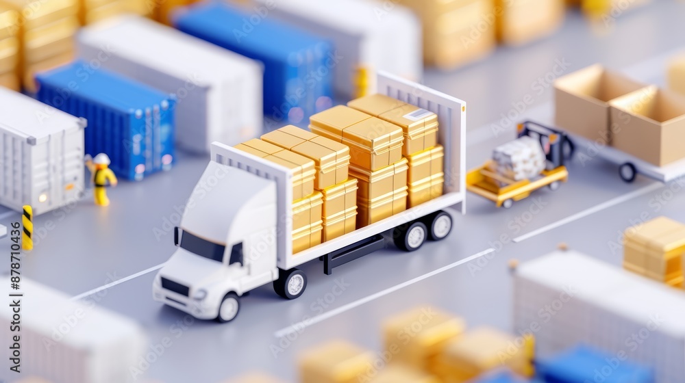 Poster a team loading commodities into a storage unit for delivery and transportation in an industrial sett