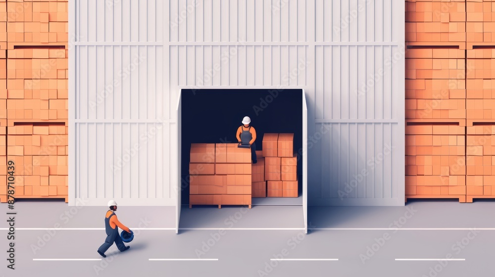 Poster a team loading commodities into a storage unit for delivery and transportation in an industrial sett
