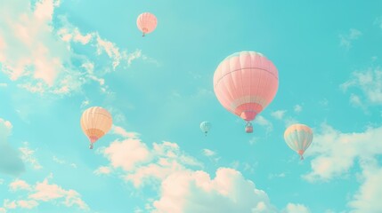 Obraz premium Several hot air balloons float against a vibrant blue sky with fluffy white clouds