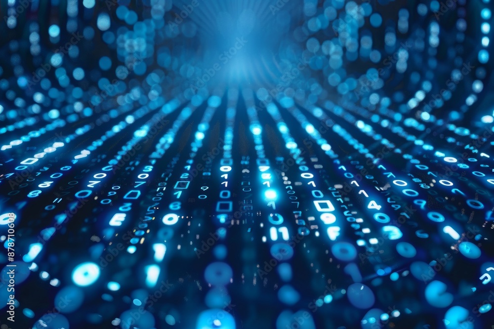 Poster rows of glowing blue binary code stretch toward the light with a blurred background of bokeh circles