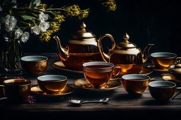 Luxury tea cups and teapot at night.