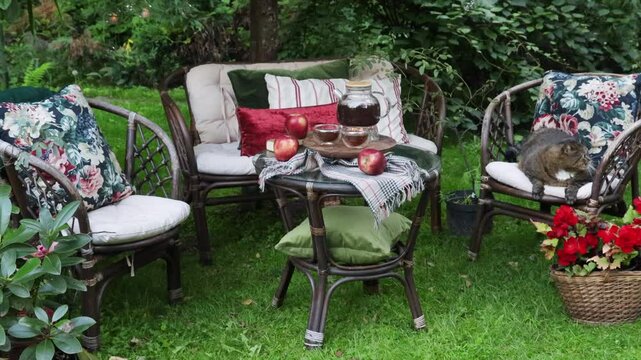cozy garden spot in the yard under the apple tree, wicker furniture and flowers in cachepots