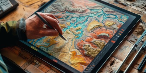 In a studio, an artist uses a graphic tablet for detailed map illustrations, showcasing craftsmanship and creativity
