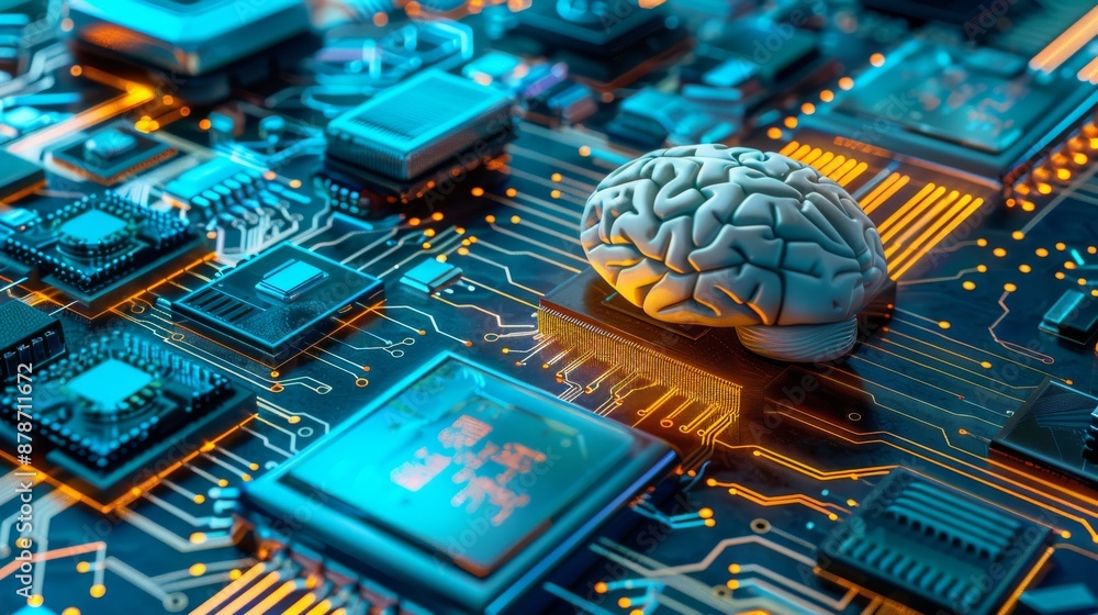 Poster a brain model symbolizes ai technology on a circuit board, blending digital innovation and cuttinged
