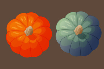 Pumpkin design top view. Pumpkin on top. Pumpkin top. Blue and orange pumpkin design