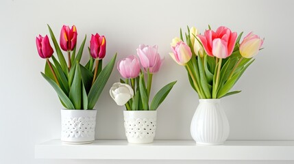 Fototapeta premium Decorating with fresh tulips on a white shelf