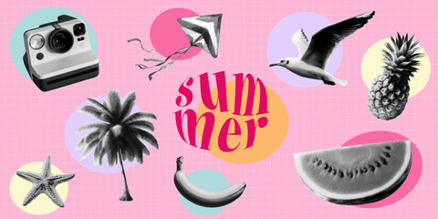 summer collage set with watermelon instant camera starfish palm tree banana seagull pineapple kite on pink background retro halftone dotted cut-out elements