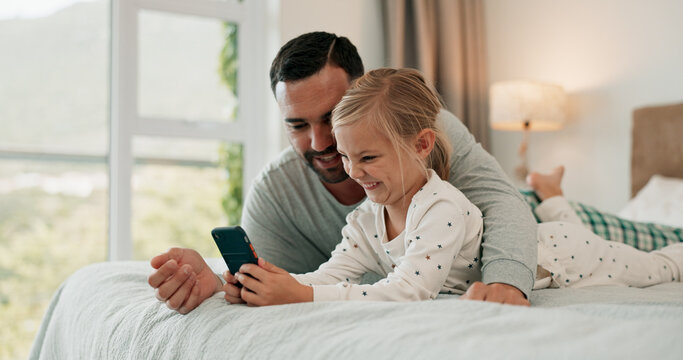 Bed, funny face for selfie and dad with daughter in home for bonding, communication or social media. App, comic or video call with man and girl child playing in bedroom of apartment for communication