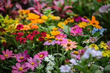 Colorful assortment of blooming flowers scattered across lush green grass in a natural setting, Colorful variety of blooming flowers