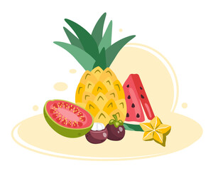 Exotic Fruit on white background. Fresh Sweet Tropical fruits. Fresh organic healthy food. Fruit dessert. Ripe vitamin natural diet. Pineapple, guava, watermelon, carambola. Vector flat illustration