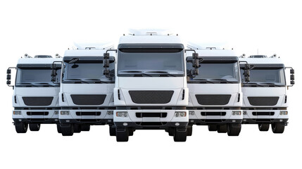 Truck fleet of five white cars, isolated on transparent background. PNG. Logistics and...