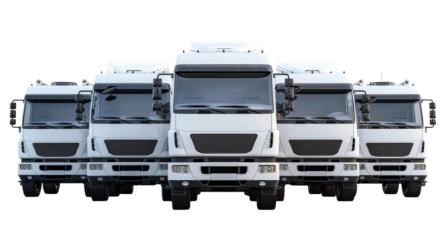 Truck fleet of five white cars, isolated on transparent background. PNG. Logistics and transportation concept	
