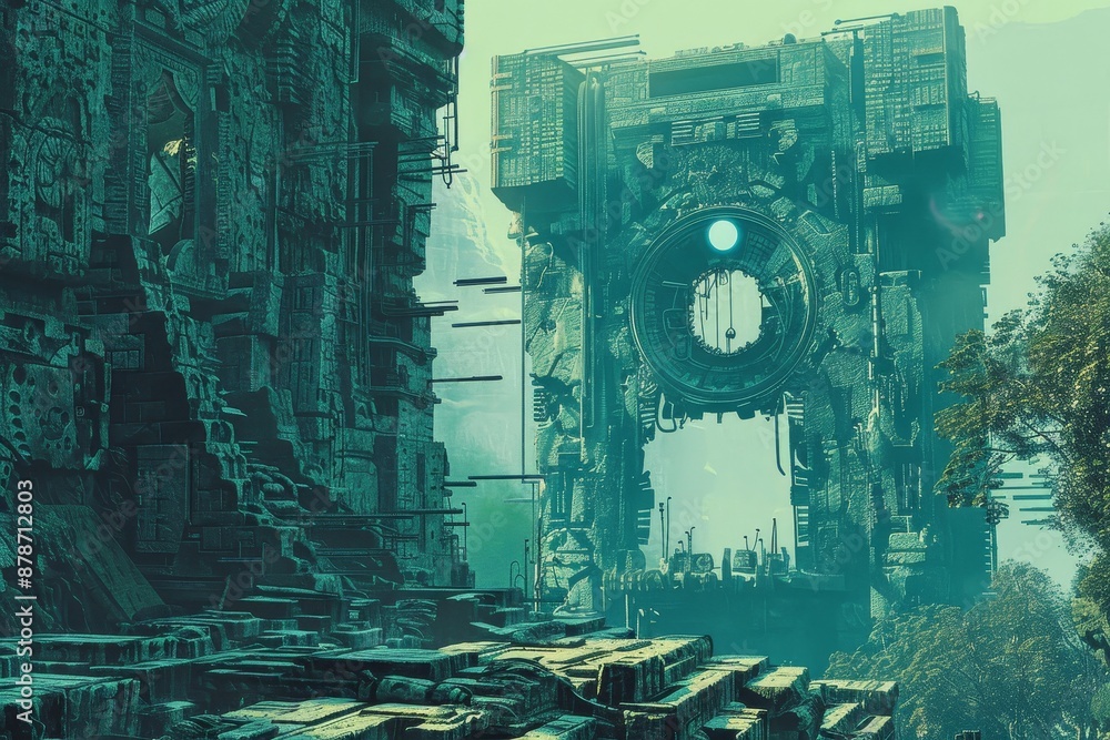 Poster futuristic sci-fi scene with ancient ruins, combine elements of ancient ruins with futuristic techno