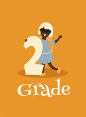 Back to school. Little girl holding on to the big number two. Template for design. Funny cartoon characters. Vector illustration on orange background.