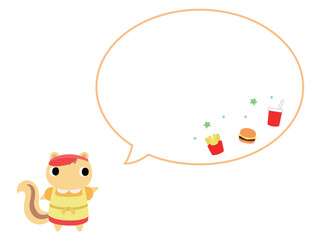 ハンバーガーショップ店員のリス　吹き出し＋装飾付