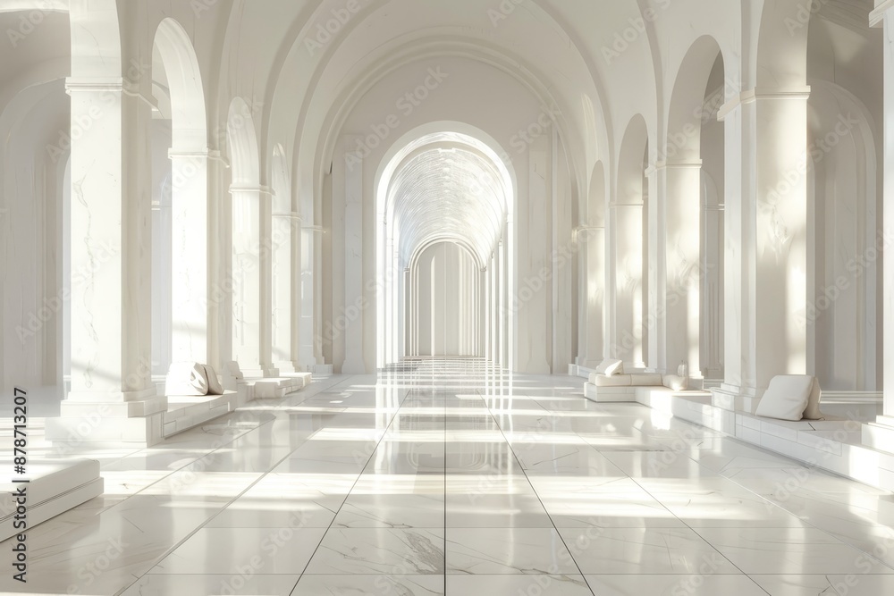 Poster grand hallway with columns and white walls, combine elements of neoclassical architecture with moder