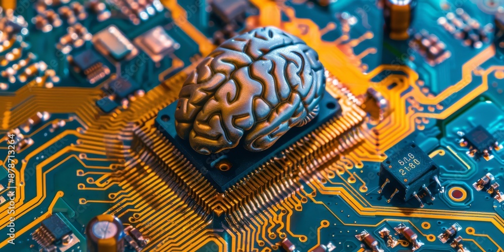 Poster a brain model symbolizes ai technology on a circuit board, blending digital innovation and cuttinged