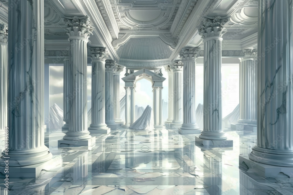 Poster a spacious room adorned with tall columns and pillars, combine elements of neoclassical architecture