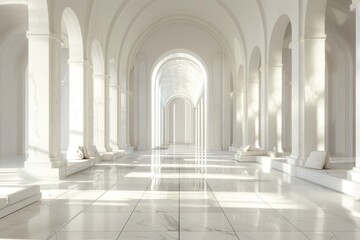 Obraz premium Grand Hallway With Columns and White Walls, Combine elements of neoclassical architecture with modern technology to create a futuristic interpretation of the style