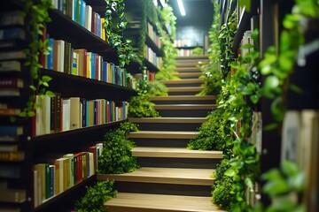 A library with books that grow taller as they are read, illustrating knowledge expansion