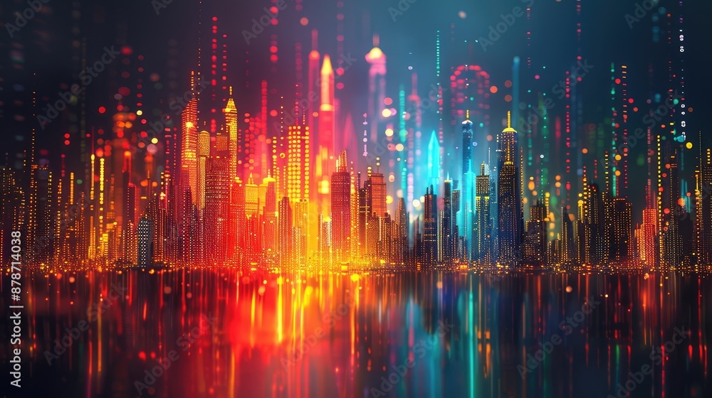 Poster an abstract cityscape illuminated by a colorful array of lights, reflecting in water, depicting a fu