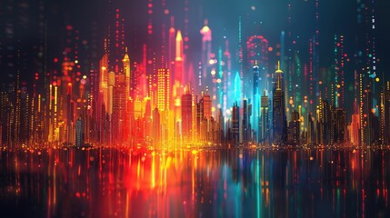 An abstract cityscape illuminated by a colorful array of lights, reflecting in water, depicting a futuristic urban skyline with vibrant hues