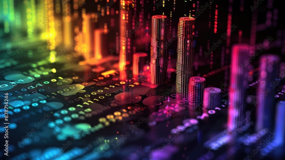 Poster a digital representation of finance with glowing binary code and stacks of coins, illustrating the c