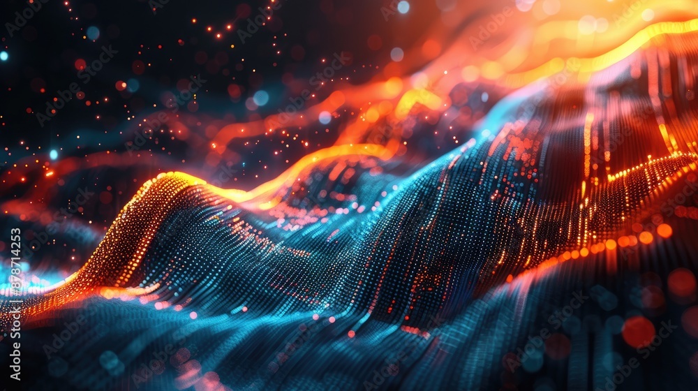 Poster vibrant neon waves of light creating a mesmerizing abstract landscape, with glowing dots and lines f