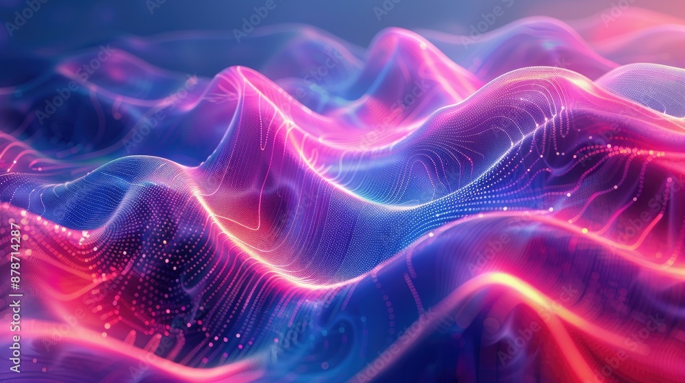 Poster an abstract depiction of neon hills with flowing lines and vibrant colors, creating a futuristic and