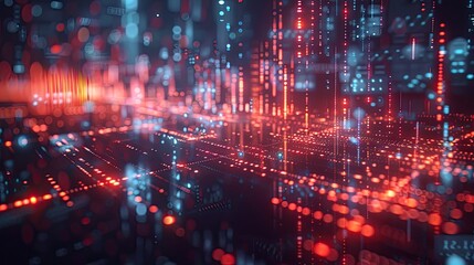A close-up view of a digital circuit board with glowing red and blue lights, representing advanced technology and electronic components