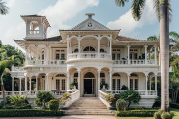 Obraz premium Large White House Surrounded by Palm Trees, Combine traditional architectural styles with modern influences to create a truly unique and timeless masterpiece