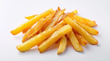 Crispy golden French fries, perfectly salted, isolated on a pure white background, high resolution, detailed texture, mouthwatering and appetizing, focus cover all object