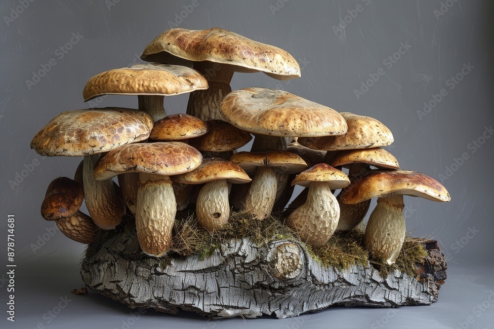 Poster a group of mushrooms grows on top of a tree stump in a woodland setting, combine various artistic te