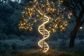 A luminous tree with branches in the shape of a DNA helix, symbolizing organic growth