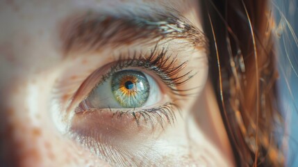 Close-Up of a Beautiful Blue Eye with Sparkling Makeup - Stunning close-up of a blue eye with shimmering makeup, highlighting the details of the lashes and freckles, creating a magical effect.