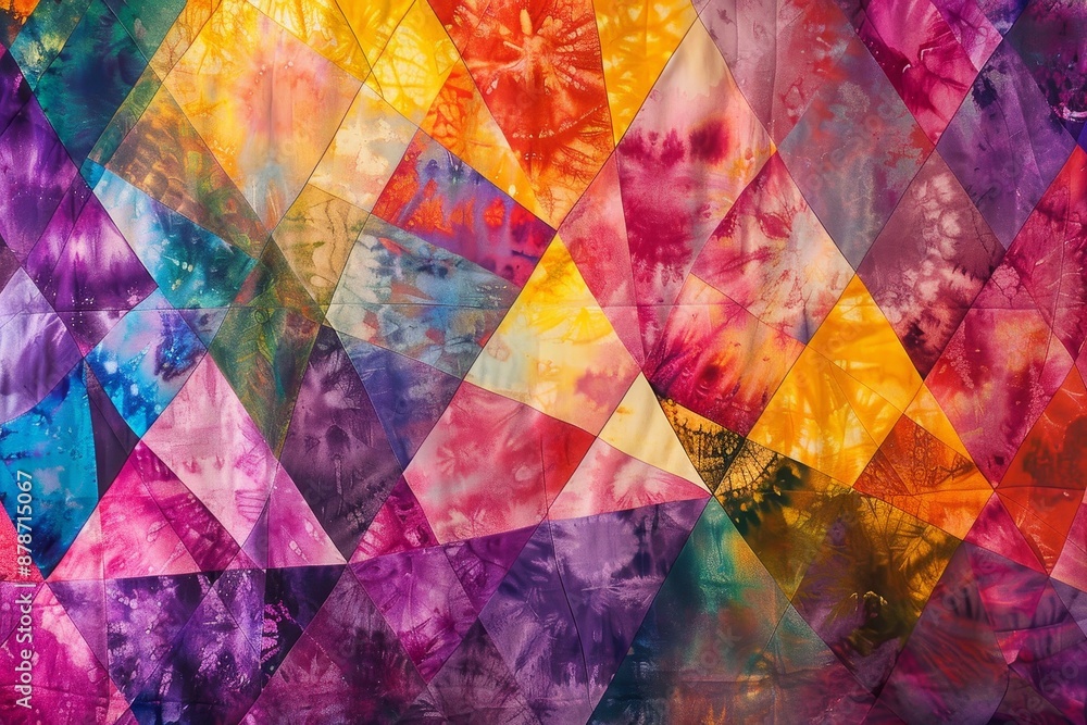 Poster a vibrant abstract artwork featuring a mix of squares and triangles in diverse colors and patterns, 