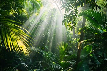 A lush jungle canopy view with rays of sunlight piercing through, highlighting the vibrant greens