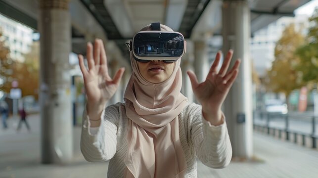 Woman wearing a hijab experiencing virtual reality with a VR headset.